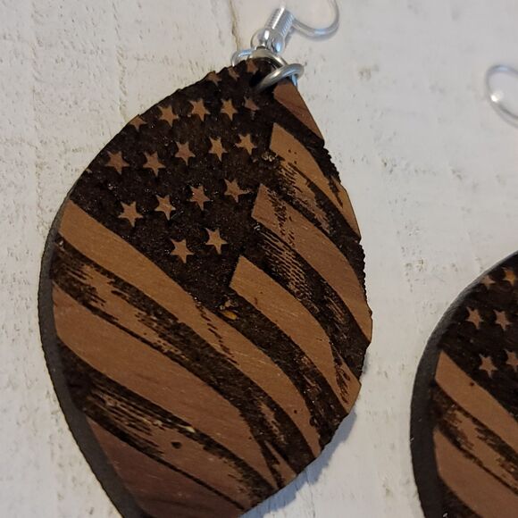 Handmade American Flag Dangle Earrings – Laser Cut Wood Patriotic Jewelry - Picture 6 of 7